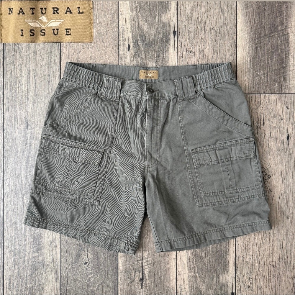 Natural Issue Mens Olive Green Cotton Cargo Shorts Size 34 Elastic Waist Utility